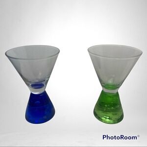 Shot Glasses Pedestal Style Green and Cobalt Blue Glass Set of 2